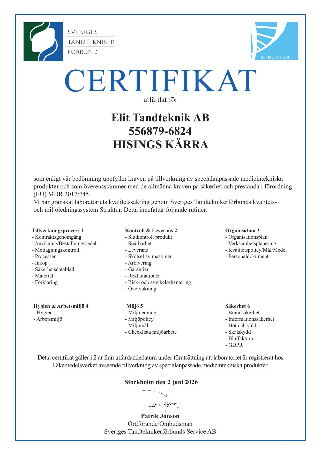 Certifikat från Sveriges Tandteknikerförbund utfärdat för Elit Tandteknik AB